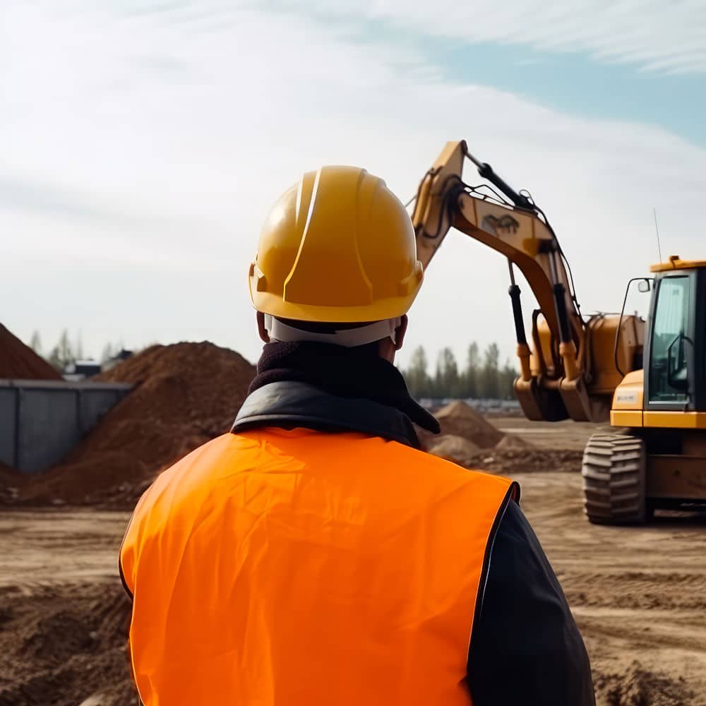 Construction man in helmet with excavator. Engineering worker in safety helmet.